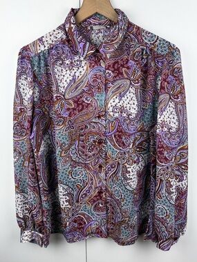 Vintage 80s Paisley Puff Sleeve Long Sleeve Chiffon Button Down Blouse Top